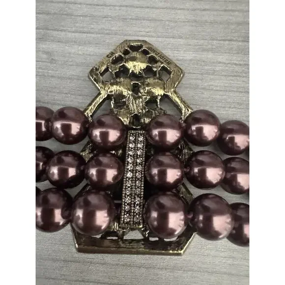 Heidi Daus Aubergine Art Deco Triple Strand Vintage Necklace AB Crystal Pendant - Picture 13 of 16